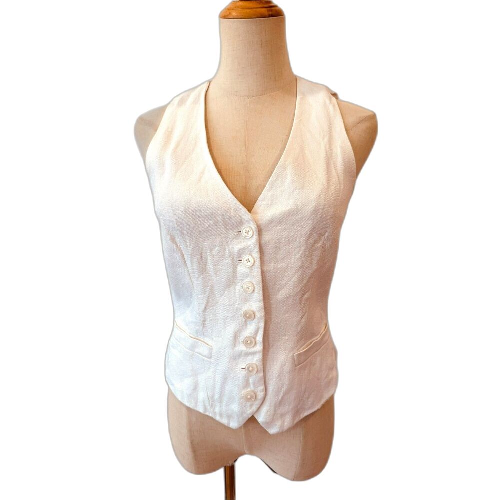 Lauren Ralph Lauren White 100% Linen Button Front Vest V-Neck Lined Size 4